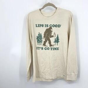 Life Is Good Men Size Medium Shirt Long Sleeve Top Yeti Big Foot Beige Green